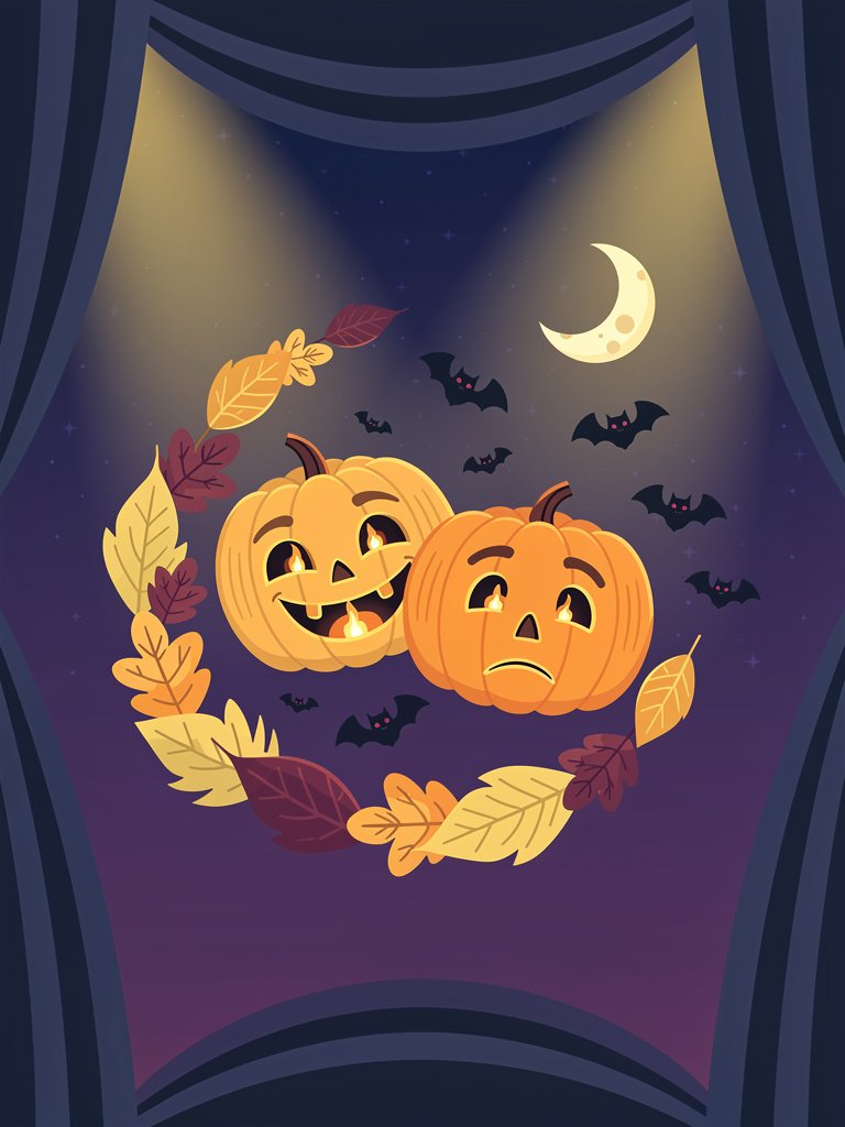Illustrated stage curtain framing two jack-o'-lanterns, autumn leaves, and bats under a crescent moon — Halloween musical, production details coming soon